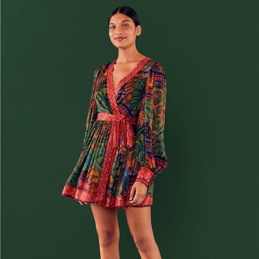 Farm Rio Wrap Mini Dress Long Sleeve Forest Tapestry Boho Green Pink Size Small